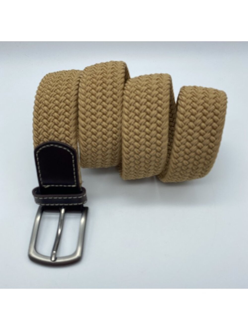 DG Hill Gold Woven Braided Stretch Belt Men’s Size 30 Cotton Leather Tabs Casual